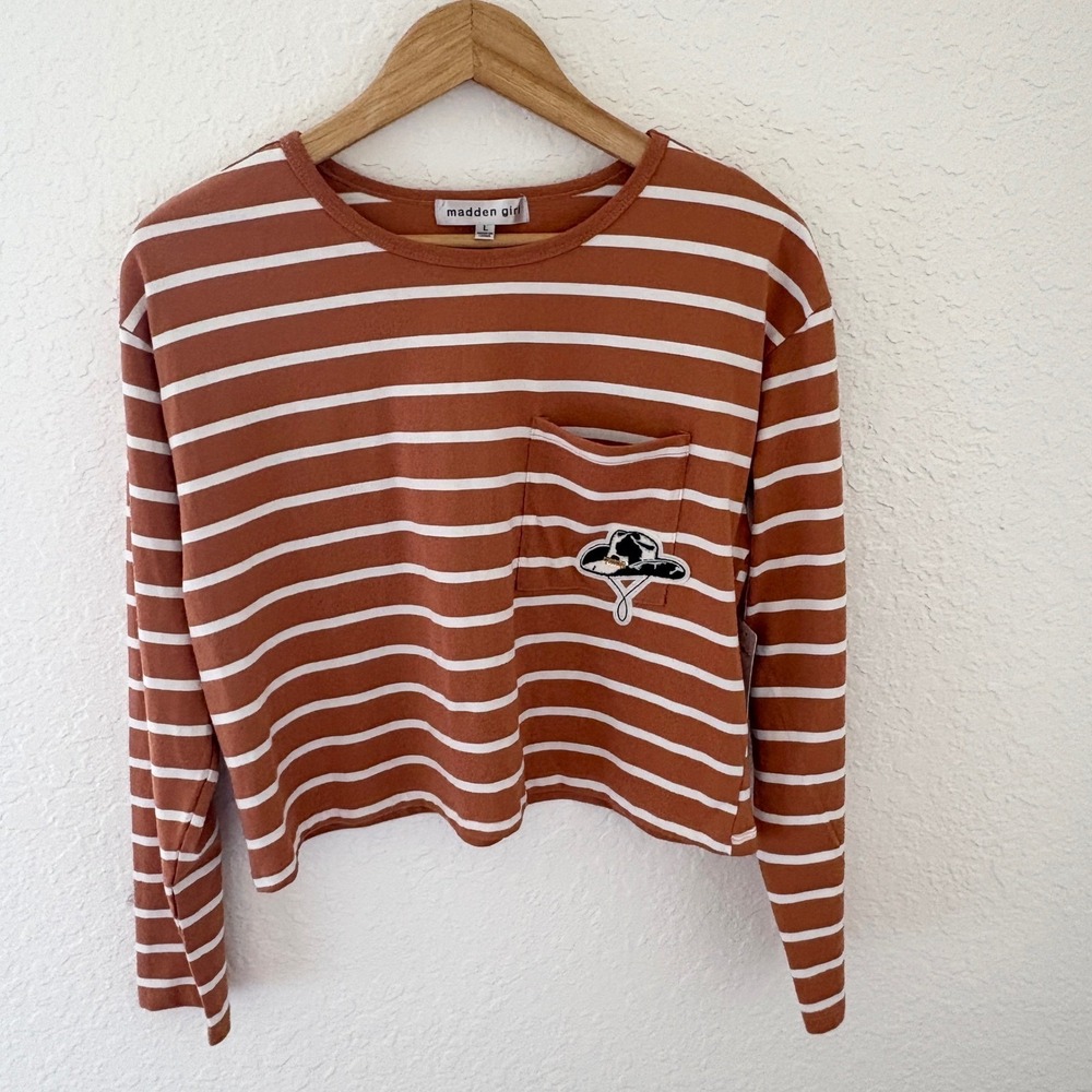 Madden Girl Striped Long Sleeve Crop Top L Orange White SA461B33IKO